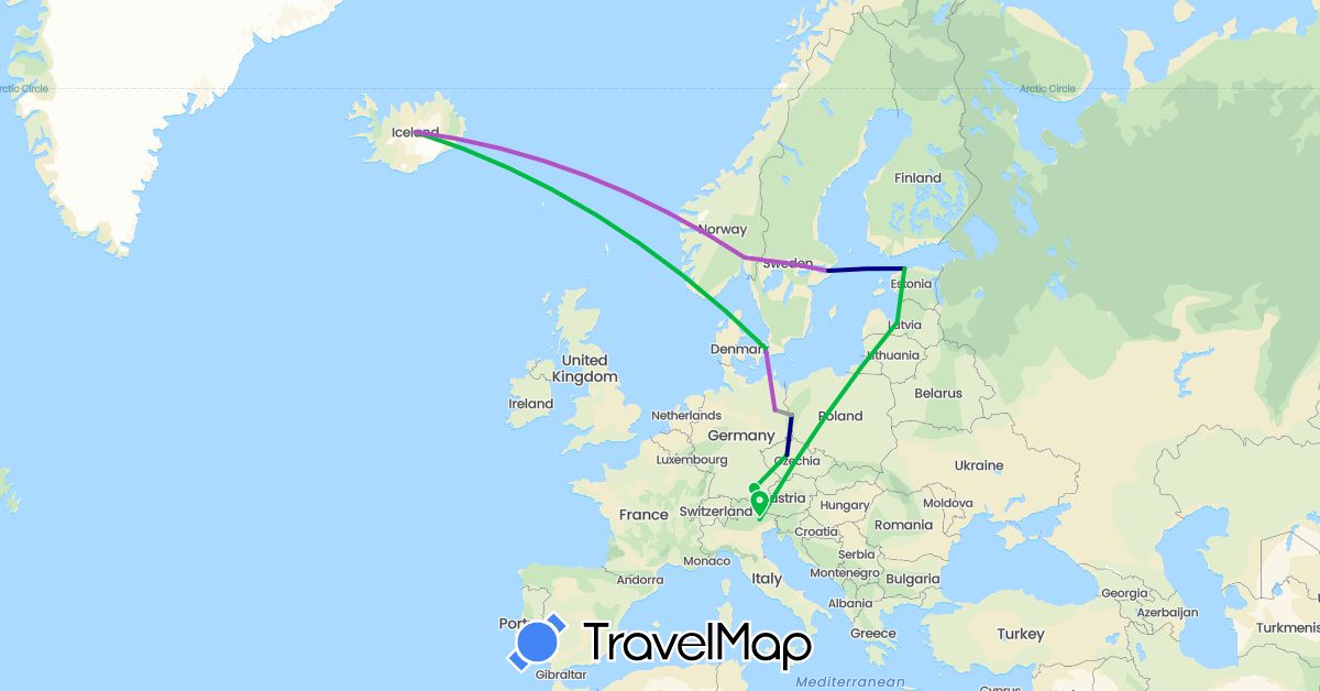 TravelMap itinerary: driving, bus, plane, train in Czech Republic, Germany, Denmark, Estonia, Iceland, Italy, Latvia, Norway, Poland, Sweden (Europe)